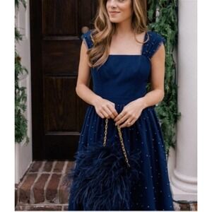 Gal Meets Glam Delores Navy Blue Pearled Tulle Skirt Dress Womens 0 Holiday NWT